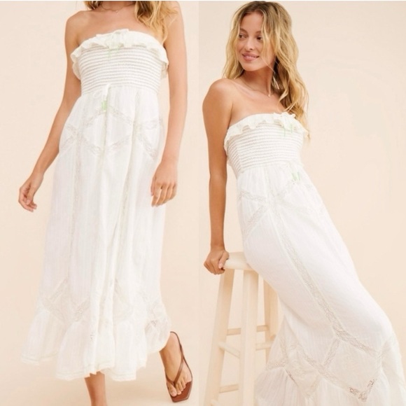 Free People Dresses & Skirts - Free People Hi Hello Stocked Lace Trim Midi Dress Size Small White Strapless
